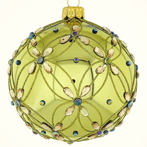 Mundgeblasene Weihnachtskugel, helles grün glänzend mit floralem Muster, 8 cm Mundgeblasene Weihnachtskugel Kunsthandel Rueckeshaeuser