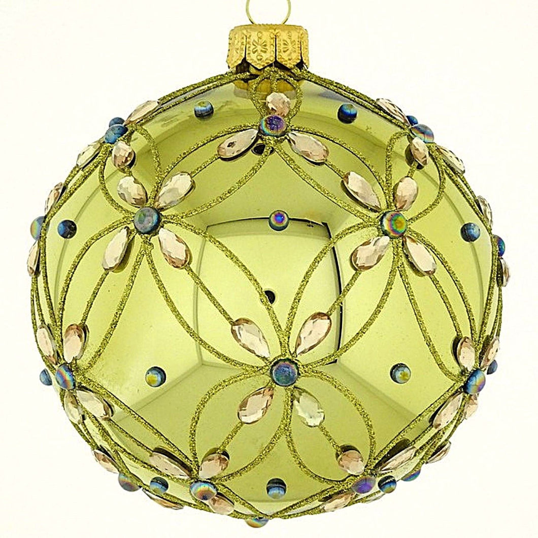Mundgeblasene Weihnachtskugel, helles grün glänzend mit floralem Muster, 8 cm Mundgeblasene Weihnachtskugel Kunsthandel Rueckeshaeuser