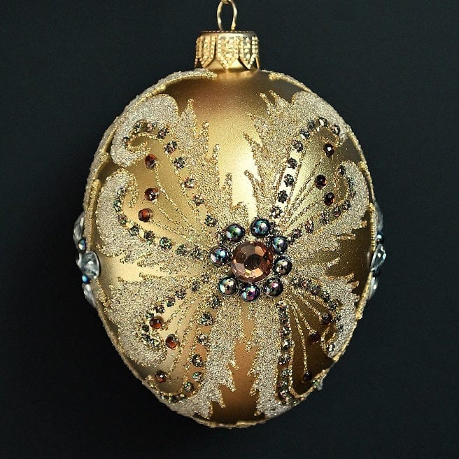 Mundgeblasene Weihnachtskugel im Fabergé-Stil, gold matt 9 cm, klassisches Muster Mundgeblasene Weihnachtskugel Kunsthandel Rueckeshaeuser