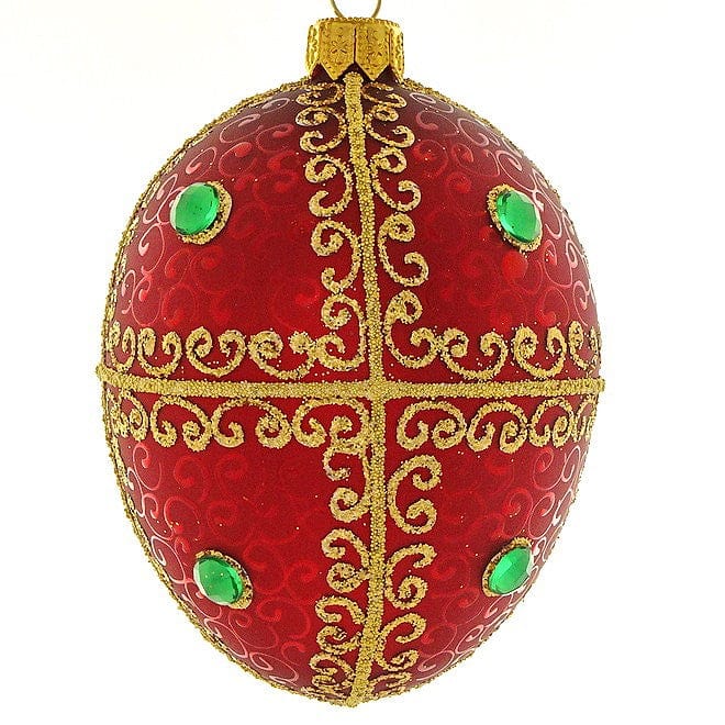 Mundgeblasene Weihnachtskugel im Fabergé-Stil, rot matt, Höhe ca. 10 cm Mundgeblasene Weihnachtskugel Kunsthandel Rueckeshaeuser