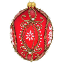 Lade das Bild in den Galerie-Viewer, Mundgeblasene Weihnachtskugel im Fabergé-Stil / rot matt mit Perlen 9 cm Mundgeblasene Weihnachtskugel Kunsthandel Rueckeshaeuser
