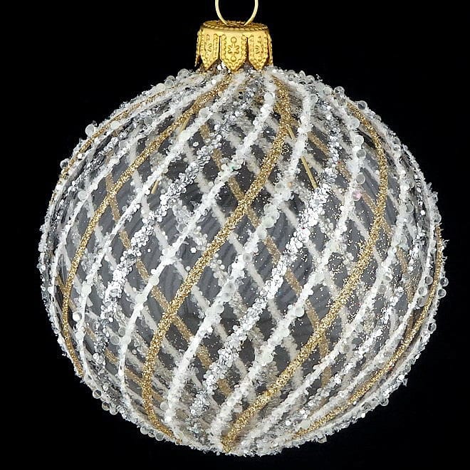 Mundgeblasene Weihnachtskugel, Klarglas, mit geschwungenen Linien, mod – Ariane Rueckeshaeuser