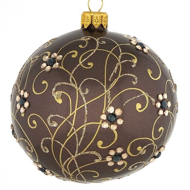 Mundgeblasene Weihnachtskugel, mattes braun mit floralem Muster, 10 cm – Ariane Rueckeshaeuser
