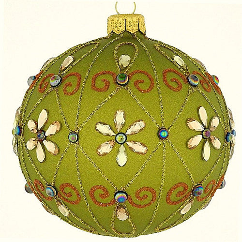 Mundgeblasene Weihnachtskugel, olivgrün mit Blüten und Rauten, 8 cm Mundgeblasene Weihnachtskugel Kunsthandel Rueckeshaeuser