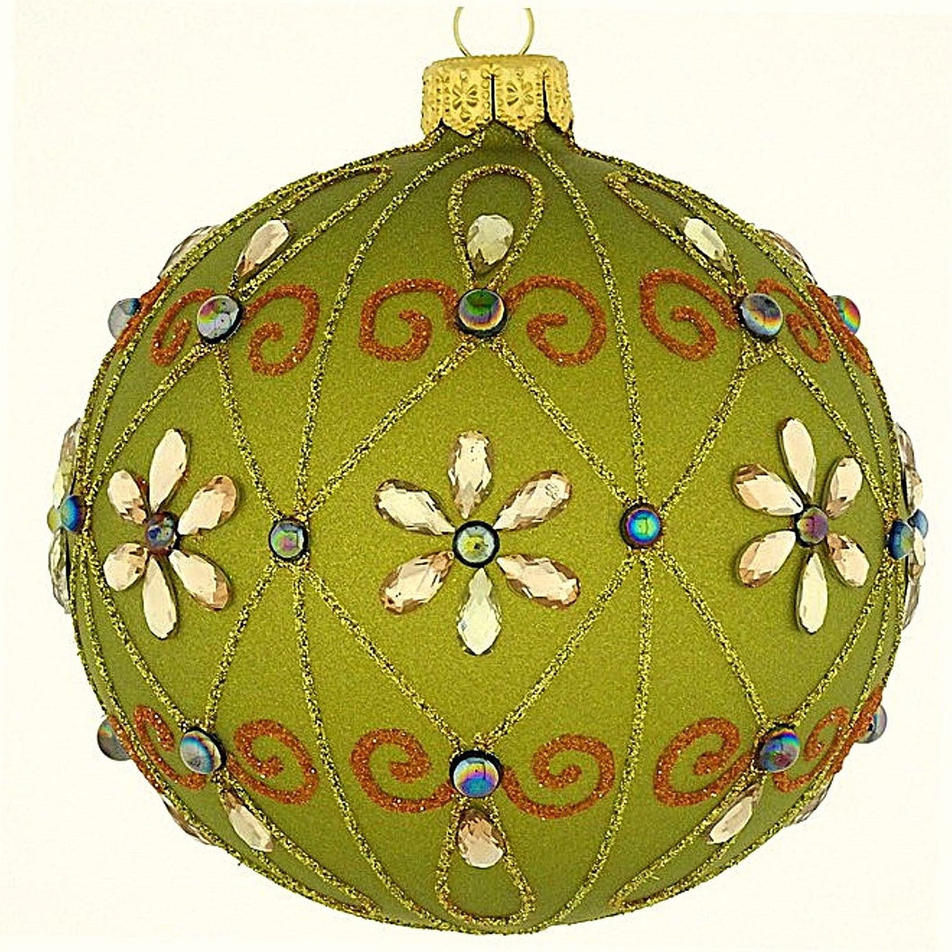 Mundgeblasene Weihnachtskugel, olivgrün mit Blüten und Rauten, 8 cm Mundgeblasene Weihnachtskugel Kunsthandel Rueckeshaeuser