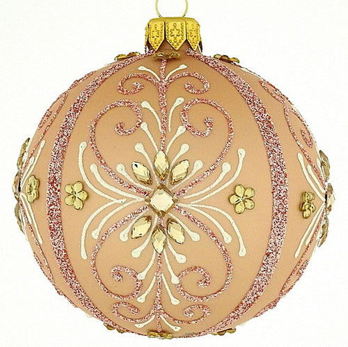 Mundgeblasene Weihnachtskugel, rosa matt mit floralem Muster, 8 cm Mundgeblasene Weihnachtskugel Kunsthandel Rueckeshaeuser