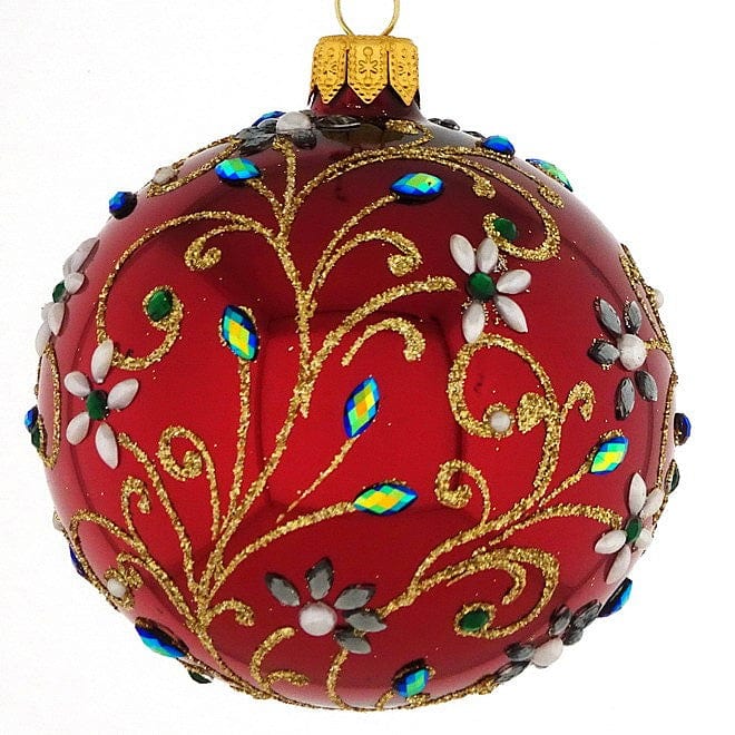 Mundgeblasene Weihnachtskugel rot glänzend mit floralem Muster 8 cm – Ariane Rueckeshaeuser