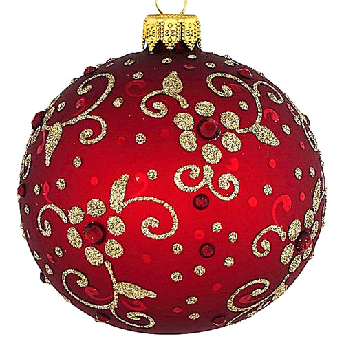 Mundgeblasene Weihnachtskugel, rot matt mit Blüten, 10 cm Mundgeblasene Weihnachtskugel Kunsthandel Rueckeshaeuser
