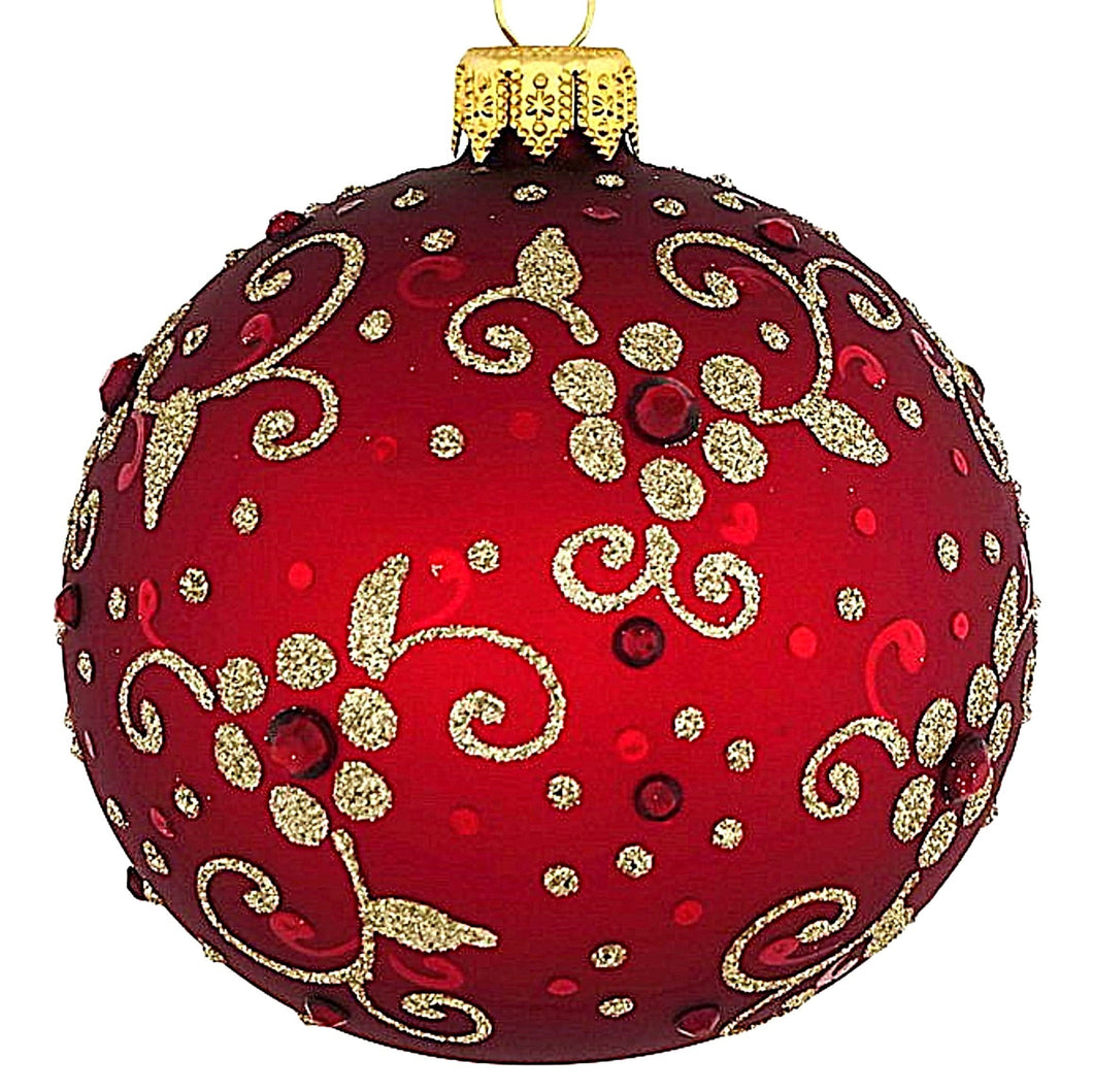 Mundgeblasene Weihnachtskugel, rot matt mit Blüten, 10 cm Mundgeblasene Weihnachtskugel Kunsthandel Rueckeshaeuser