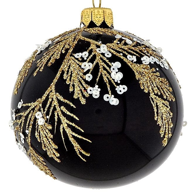 Mundgeblasene Weihnachtskugel / schwarz glänzend mit goldenen Tannen / 8 cm Mundgeblasene Weihnachtskugel Kunsthandel Rueckeshaeuser
