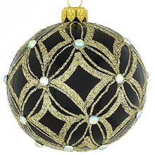 Lade das Bild in den Galerie-Viewer, Mundgeblasene Weihnachtskugel, schwarz glänzend mit grafischem Muster, 8 cm Mundgeblasene Weihnachtskugel Kunsthandel Rueckeshaeuser
