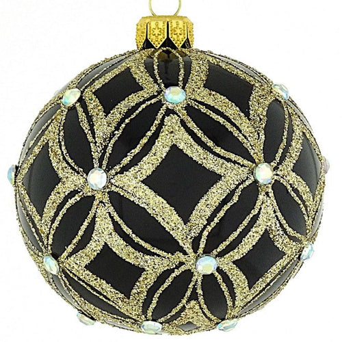 Mundgeblasene Weihnachtskugel, schwarz glänzend mit grafischem Muster, 8 cm Mundgeblasene Weihnachtskugel Kunsthandel Rueckeshaeuser