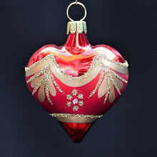 Lade das Bild in den Galerie-Viewer, Mundgeblasenes Herz aus Lauscha rot mit Bögen Mundgeblasener Weihnachtsschmuck Kunsthandel Rueckeshaeuser
