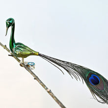 Lade das Bild in den Galerie-Viewer, Pfau / matt grün, dunkelgrün glänzend Mundgeblasener Weihnachtsschmuck Kunsthandel Rueckeshaeuser
