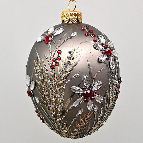 Prachtvolle mundgeblasene Weihnachtskugel im Fabergé-Stil, dunkles grau matt mit floralem Muster, Höhe ca. 10 cm Mundgeblasene Weihnachtskugel Kunsthandel Rueckeshaeuser