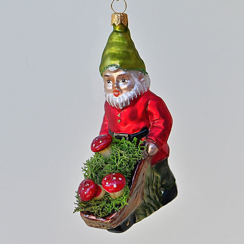 Reizender Zwerg mit Schubkarre Mundgeblasener Weihnachtsschmuck Kunsthandel Rueckeshaeuser