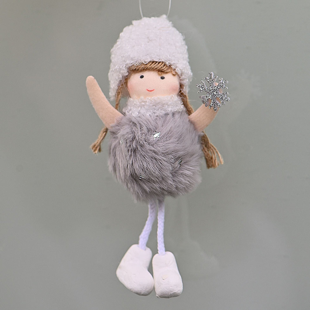 Reizendes Winterpüppchen mit grauem Fellkleidchen Mundgeblasener Weihnachtsschmuck Kunsthandel Rueckeshaeuser