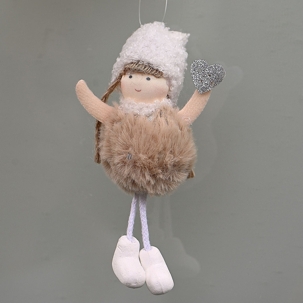 Reizendes Winterpüppchen mit hellbraunem Fellkleidchen Mundgeblasener Weihnachtsschmuck Kunsthandel Rueckeshaeuser