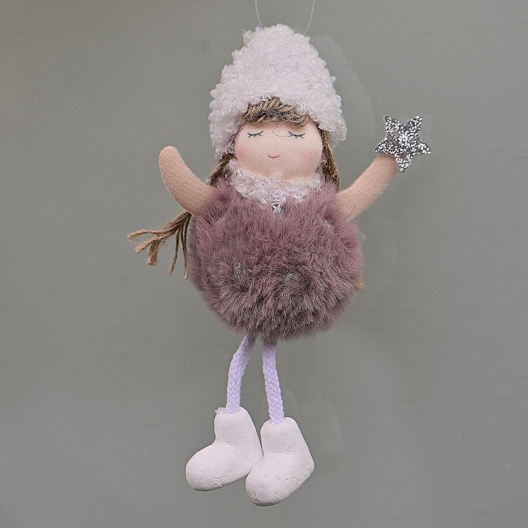 Reizendes Winterpüppchen mit lila Fellkleidchen Mundgeblasener Weihnachtsschmuck Kunsthandel Rueckeshaeuser