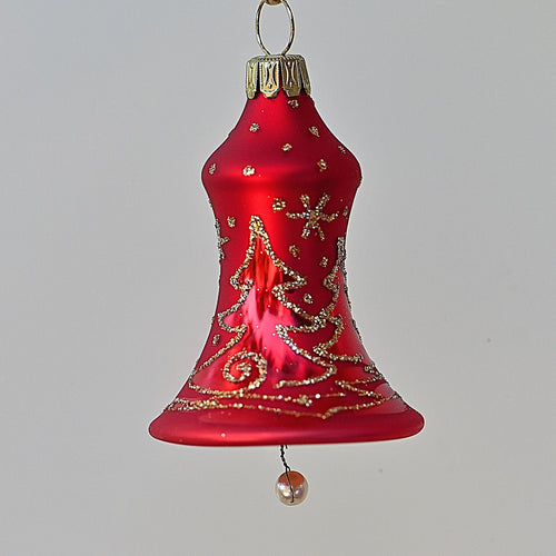 Rote Glocke mit Tannenbäumen und Sternen Mundgeblasener Weihnachtsschmuck Kunsthandel Rueckeshaeuser