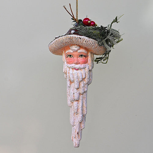 Santa mit langem Bart und geschmücktem Pilzhut links Weihnachtsbaumschmuck Kunsthandel Rueckeshaeuser