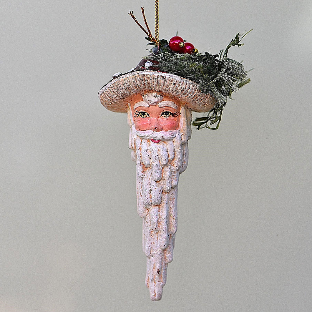 Santa mit langem Bart und geschmücktem Pilzhut links Weihnachtsbaumschmuck Kunsthandel Rueckeshaeuser