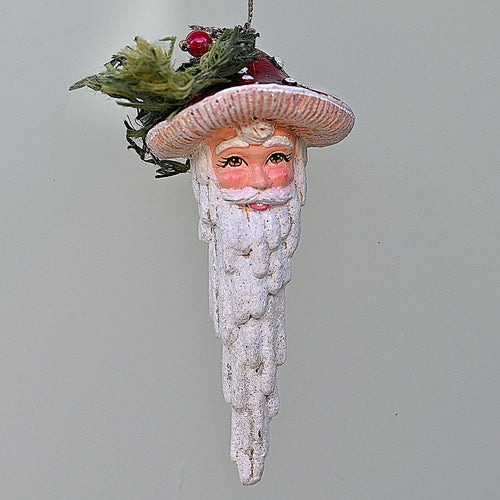 Santa mit langem Bart und geschmücktem Pilzhut rechts Weihnachtsbaumschmuck Kunsthandel Rueckeshaeuser