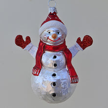 Lade das Bild in den Galerie-Viewer, Schneemann mit Handschuhen und Mütze Mundgeblasener Weihnachtsschmuck Kunsthandel Rueckeshaeuser
