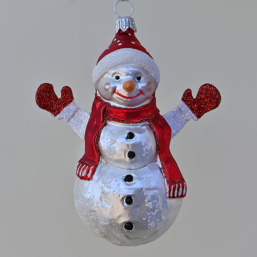 Schneemann mit Handschuhen und Mütze Mundgeblasener Weihnachtsschmuck Kunsthandel Rueckeshaeuser