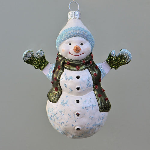 Schneemann mit Handschuhen und Mütze Mundgeblasener Weihnachtsschmuck Kunsthandel Rueckeshaeuser