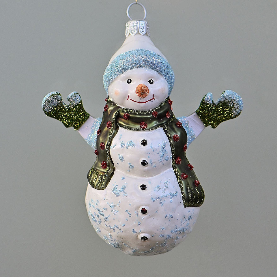 Schneemann mit Handschuhen und Mütze Mundgeblasener Weihnachtsschmuck Kunsthandel Rueckeshaeuser