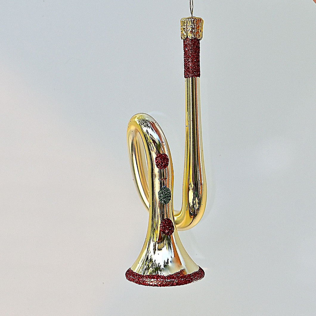 Trompete, mundgeblasen aus Glas, gold glänzend mit Verzierungen Mundgeblasener Weihnachtsschmuck Kunsthandel Rueckeshaeuser