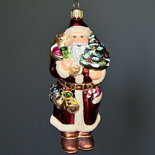 Weihnachtsmann mit Tannenbaum und vielen Geschenken Mundgeblasener Weihnachtsschmuck Kunsthandel Rueckeshaeuser