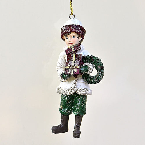 Winterkinder / Junge mit Geschenkpäckchen Weihnachtsbaumschmuck Kunsthandel Rueckeshaeuser