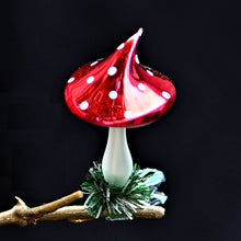 Lade das Bild in den Galerie-Viewer, Fliegenpilz mit schrägem Hut aus Glas auf Clip Weihnachtsbaumschmuck Kunsthandel Rueckeshaeuser
