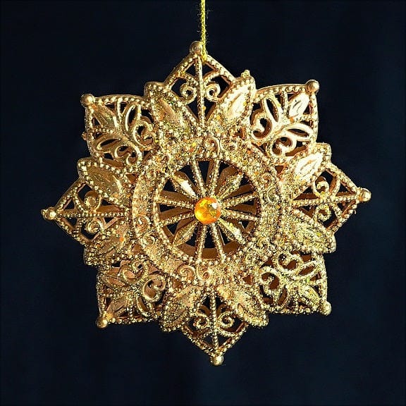 Goldener Stern mit filigranem Muster und gelbem Schmuckstein Weihnachtsbaumschmuck Kunsthandel Rueckeshaeuser