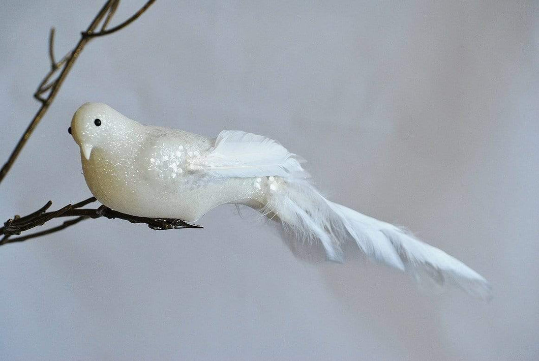 Großer cremeweißer Vogel auf Clip Weihnachtsbaumschmuck Kunsthandel Rueckeshaeuser