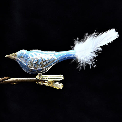 Kleiner hellblauer Glasvogel auf Clip Mundgeblasener Weihnachtsschmuck Kunsthandel Rueckeshaeuser