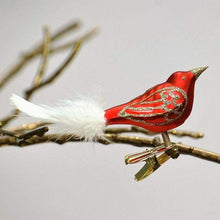 Lade das Bild in den Galerie-Viewer, Kleiner roter Vogel auf Clip Mundgeblasener Weihnachtsschmuck Kunsthandel Rueckeshaeuser
