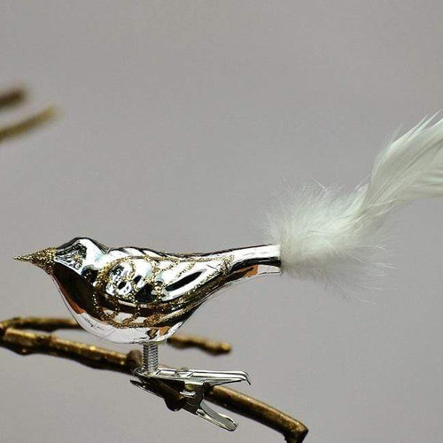 Kleiner silbener Vogel auf Clip Mundgeblasener Weihnachtsschmuck Kunsthandel Rueckeshaeuser
