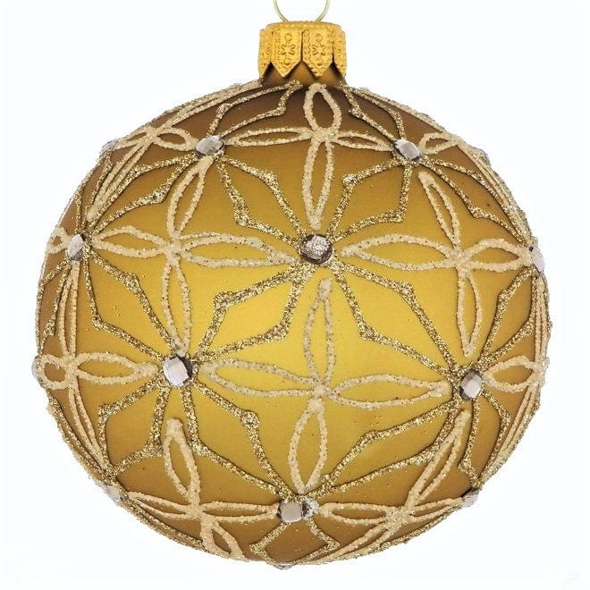 Mundgeblasene Weihnachtskugel / gold matt, Sternenmuster / 8 cm Mundgeblasene Weihnachtskugel Kunsthandel Rueckeshaeuser