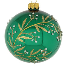 Lade das Bild in den Galerie-Viewer, Mundgeblasene Weihnachtskugel / grün glänzend 8 cm / florales Muster Mundgeblasene Weihnachtskugel Kunsthandel Rueckeshaeuser
