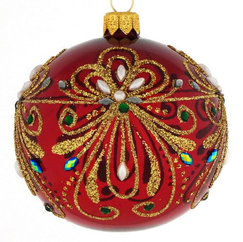 Mundgeblasene Weihnachtskugel rot/gold, glänzend/transparent mit floralem Muster 8 cm Mundgeblasene Weihnachtskugel Kunsthandel Rueckeshaeuser