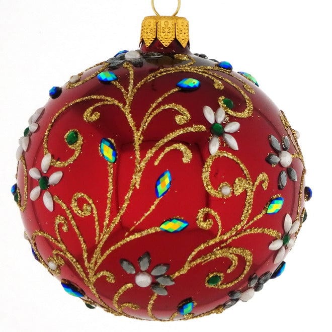 Mundgeblasene Weihnachtskugel rot/gold mit floralem Muster 10 cm Mundgeblasene Weihnachtskugel Kunsthandel Rueckeshaeuser