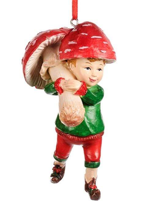Nostalgisches Pilzkind  / Junge einen Fliegenpilz über der Schulter tragend Weihnachtsbaumschmuck Kunsthandel Rueckeshaeuser