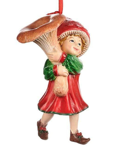 Nostalgisches Pilzkind  / Mädchen einen großen Pilz tragend Weihnachtsbaumschmuck Kunsthandel Rueckeshaeuser