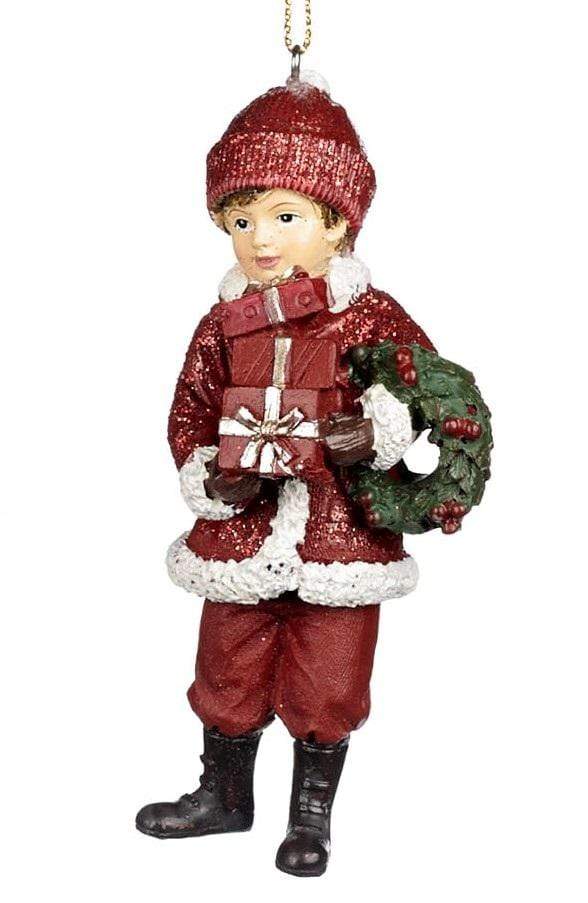 Nostalgisches Winterkind  / Junge mit Geschenkpäckchen und Kranz Weihnachtsbaumschmuck Kunsthandel Rueckeshaeuser