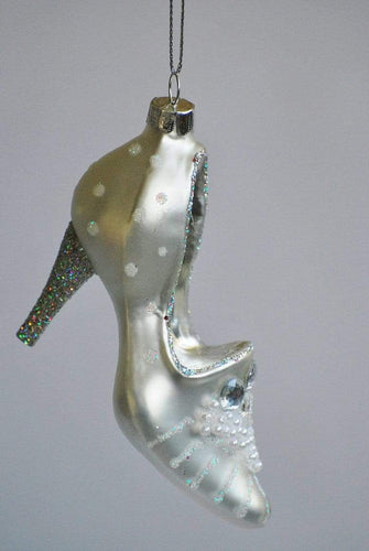 Silberner High Heel Schuh aus Glas ca, 13,5 cm Weihnachtsbaumschmuck Kunsthandel Rueckeshaeuser