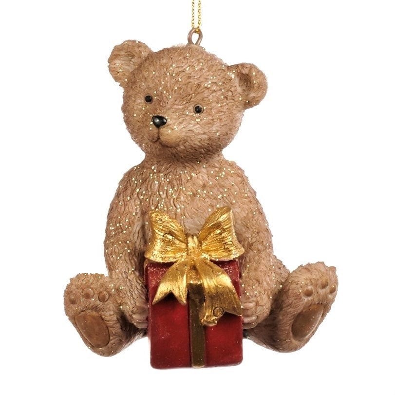 Teddy Bär mit Geschenkpäckchen Mundgeblasener Weihnachtsschmuck Kunsthandel Rueckeshaeuser