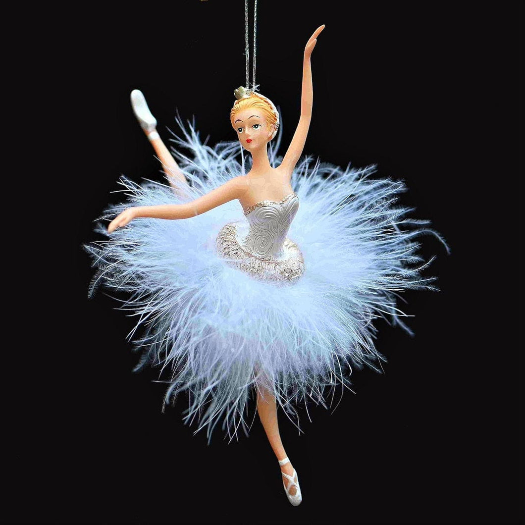 Traumhafte Ballerina mit zartem Federröckchen / auf einem Bein Weihnachtsbaumschmuck Kunsthandel Rueckeshaeuser